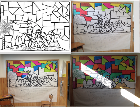 Con nuestro mural/vidriera esperamos la llegada de Jesús, junto a su familia y los Reyes Magos. 